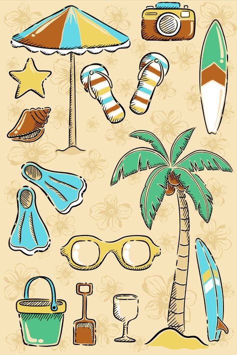 Beach set hand drawing cartoon. Download it at freepik.com! #freepik # cartoon #vector Hand Drawing Cartoon, Vector Snowflake, Beach Cartoon, Camera Illustration, Beach Drawing, Cartoon Download, World Photography Day, Drawing Styles, Illustration Story