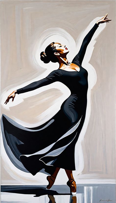 In this evocative painting, a contemporary lady dancer gracefully embodies the fluidity of Martha Graham's dance style. The brushstrokes, inspired by the expressive movements of Graham, capture the essence of emotional storytelling through dance. The monochromatic palette, reminiscent of Isamu Noguchi's minimalistic sculptures, accentuates the dancer's form, creating a visual dialogue between movement and stillness. Emotional Storytelling, Martha Graham, Dance Style, Monochromatic Palette, Isamu Noguchi, Dance Fashion, Brush Strokes, Storytelling, Dancing