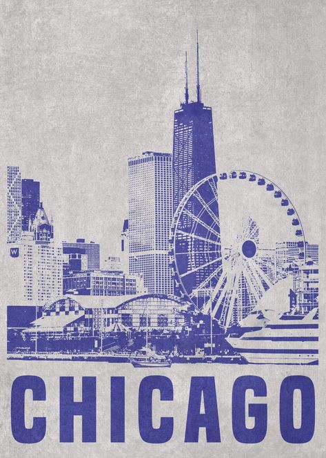 'Chicago' Poster, picture, metal print, paint by denvector | Displate Chicago Astethic Wallpaper, Blue Chicago Aesthetic, Vintage Chicago Poster, Travel Prints Gallery Wall, Poster Wall Ideas Aesthetic, Chicago Stickers, Chicago City Aesthetic, Chicago Graphic Design, Chicago Art Print