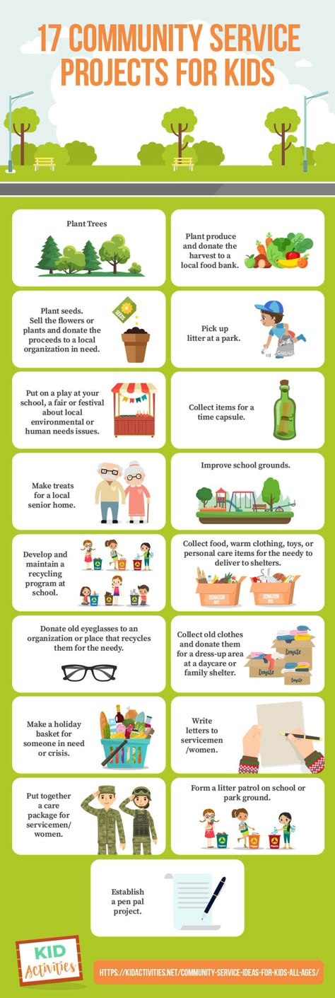 An infographic with 17 community service project ideas for kids. To see a total of 37 service projects for kids, visit the site. #CommunityService #ServiceProjects #KidsActivities #Volunteer Helping Community Project Ideas, Community Get Together Ideas, Community Ideas Activities, Civics Project Ideas, Education Project Ideas, School Community Projects, Community Give Back Ideas, How To Help Your Community Ideas, Community Project Ideas Student