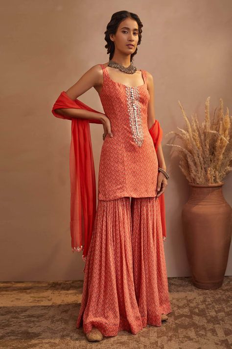 Buy Aneesh Agarwaal Orange Georgette Paisley Print Kurta Sharara Set Online | Aza Fashions Orange Sharara, Aneesh Agarwaal, Sharara Suit Designs, Dresses Lehenga, Sharara Dress, Sleeveless Kurta, Sharara Designs, Haldi Outfits, Kurta Sharara Set