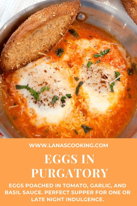 Eggs in Purgatory - Eggs poached in a quickly made tomato, garlic, and basil sauce. Perfect supper for one or late night indulgence. https://www.lanascooking.com/eggs-in-purgatory/ Italian Scrambled Eggs, Poached Egg Dishes, Purgatory Eggs, Supper For One, Eggs In Purgatory Recipe, Eggs Poached, Eggs In Purgatory, Egg Recipes For Dinner, Eggs Dinner