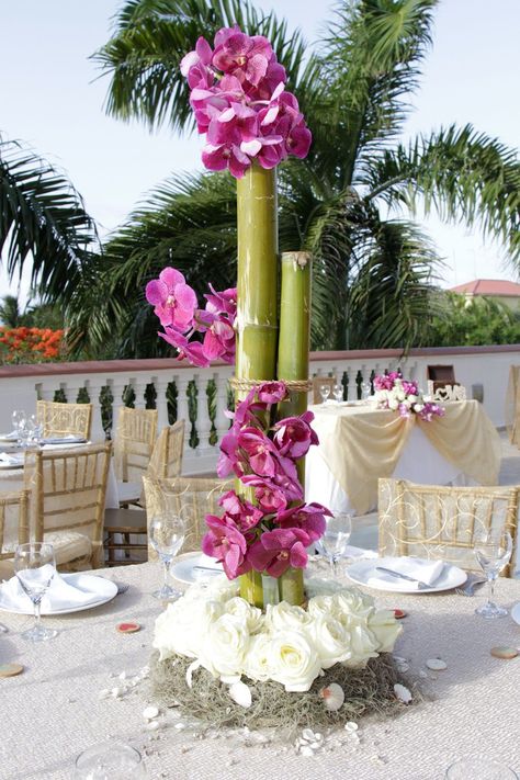 Bamboo Centerpieces, Dreams Riviera Cancun Resort, Dreams Riviera Cancun, Cancun Resort, Tropical Floral Arrangements, Beach Wedding Centerpieces, Riviera Cancun, Tall Centerpieces, Mexico Resorts