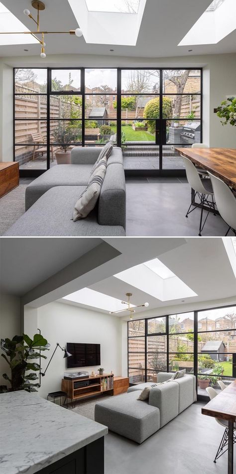 Large Skylights Add Natural Light To This Home Addition That Allowed For A New Living Room, Dining Room, And Kitchen Behind Sofa Ideas, Skylight Living Room, Doors To Patio, Modern Fireplace Decor, Modern Skylights, London Living Room, Skylight Kitchen, Sky Lights, Wine Barrel Furniture