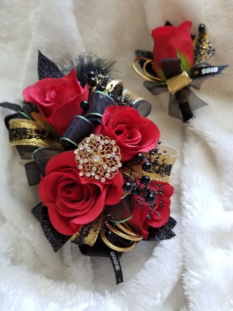 Red And Gold Corsage, Hoco Flowers, Coronado Wedding, Simple Formal Dresses, Gold Corsage, Boutonniere Ideas, Prom Flowers Corsage, Prom Corsages, Prom Corsage And Boutonniere