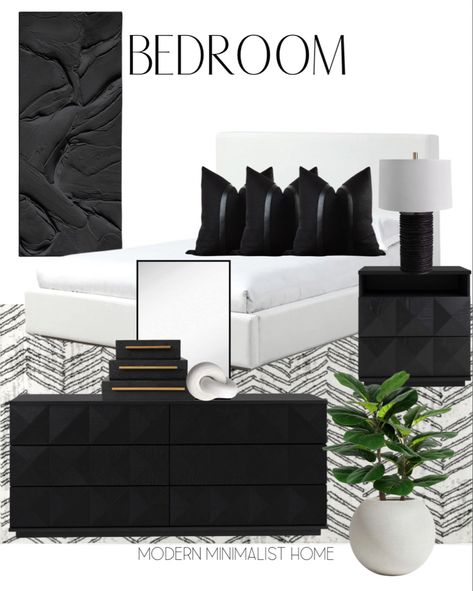 Black And White Contemporary Bedroom, Black Modern Nightstand, White Bed Black Nightstand, Wayfair Dresser, Dresser Bedroom Ideas, Affordable Nightstands, Bedroom Inspo Neutral, Black Dresser Decor, Styling Nightstand