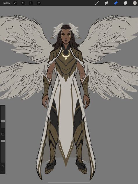 Twitter Angel Superhero Design, Aasimar Wings, Archangel Character Design, God Design Art, Winged Character Art, Angel Character Design, Angel Oc Art, Aasimar Character Design, God Clothes