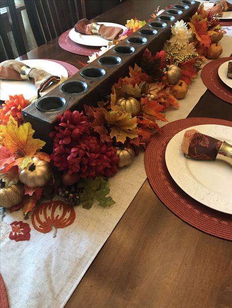 Fall table using a sugar mold centerpiece. Sugar Mold Centerpieces, Sugar Molds Decor, Sugar Mold, Fall Centerpiece, Center Pieces, Fall Table, Holiday Items, Table Settings, Dining Room