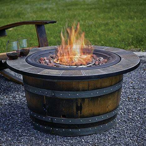 Love it! Wine Barrel Fire Pit, Fire Pit Landscaping Ideas, Fire Pit Table Top, Whiskey Barrel Ideas, Barrel Fire Pit, Fire Pit Gallery, Wine Barrel Decor, Barrel Crafts, Wine Barrel Ideas