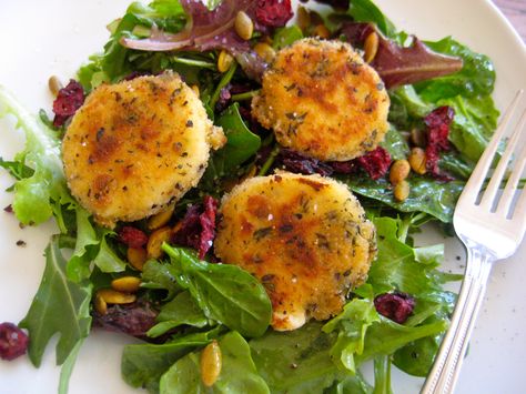 A bed of arugula topped with baked goat cheese. #arugula Warm Goat Cheese Salad, Cheese Salad Recipes, Cranberry Baking, Fried Goat Cheese, Baked Goat Cheese, Goat Cheese Recipes, Goat Cheese Salad, Cooks Illustrated, Cheese Salad