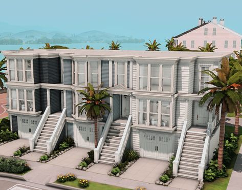 San Sequoia Townhouses | Patreon San Sequoia, Sims 4 Houses Layout, The Sims 4 Lots, Sims 4 Cheats, Sims 4 Tsr, Beach House Exterior, Sims 4 House Building, House Floor Design, Sims 4 House Design