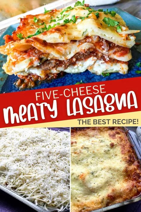 This delicious Five-Cheese Lasagna recipe uses five superb kinds of cheese to elevate the original lasagne to a fabulous new level. A combination of Ricotta, Mozzarella, Gruyère, Parmesan, and Asiago results in the most delightful of cheesy dishes. You will also need meat sauce ( your own recipe or pre-prepared) and lasagna noodles to create this lasagne in just over an hour. 5 Cheese Lasagna Recipes, 5 Cheese Lasagna, Cheesy Dishes, Cheese Lasagna Recipe, Italian Meat Sauce, Meat Sauce Recipes, Lasagna Noodles, Cheese Lasagna, Classic Lasagna