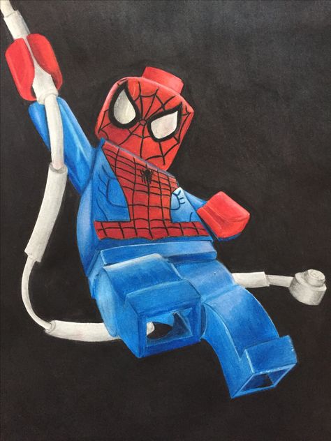 Lego Spiderman Tattoo, Lego Spider Man Drawing, Lego Painting Ideas, Lego Figure Drawing, Lego Spiderman Drawing, Lego Art Drawing, Lego Man Drawing, Drawing Ideas Colour Pencil, Lego Sketch