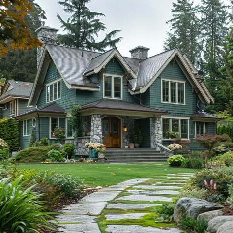 Georgia House Exterior, Cozy Home Exterior, Bungalow Architecture, American Cottage, Cottage House Exterior, Circle Drive, Green Exterior, Craftsman Exterior, Large House