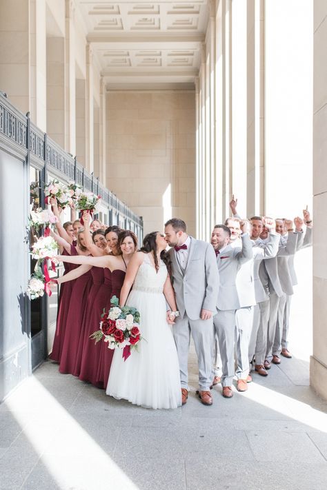 Light Grey And Burgundy Wedding, Maroon And Grey Wedding Theme, Grey And Red Wedding Theme, Maroon And Grey Wedding, Light Red Wedding, Merlot Wedding Colors, Red And Grey Wedding Theme, Burgundy Grey Wedding, Light Grey Groom Suit