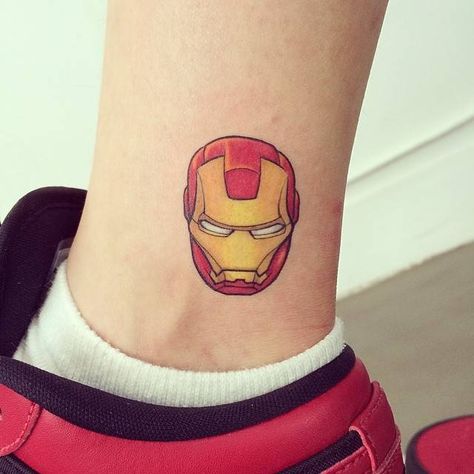 Ironman mask tattoo on the ankle. Man Face Tattoo, Ironman Tattoo, Iron Man Face, Iron Man Tattoo, Avengers Tattoo, Nerd Tattoo, Man Tattoo, Marvel Tattoos, Man Face