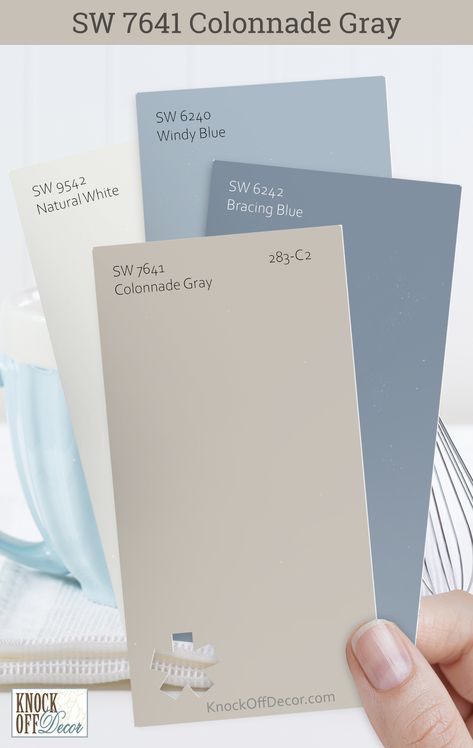 I've found Colonnade Gray to be a reliable partner in design, anchoring spaces with its solid grace. Here, we have SW Bracing Blue, Windy Blue, and Natural white as the trim. The palettes I've paired with it are in my full review, ready to inspire your next project! Greige Paint With Blue Undertones, Dusty Blue Accent Colors, Light Blue Pallet Colour Schemes, Grey Blue Brown Color Scheme Master Bedrooms, Home Decor Color Palettes Blue, Two Tone Blue Room, Blue Gray Living Room Ideas, Blue Color Palette Kitchen, French Blue Paint Color Sherwin Williams