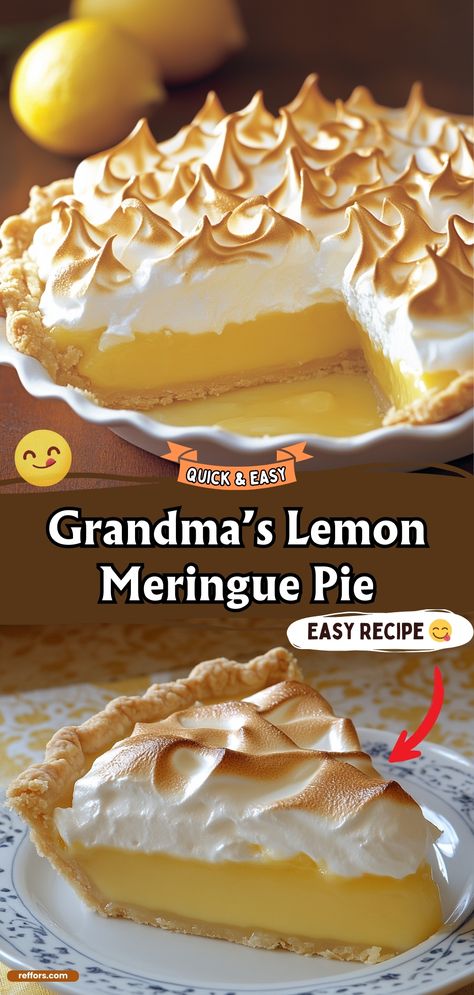 Relive cherished memories with Grandma’s Lemon Meringue Pie. This classic dessert features a zesty lemon filling topped with a fluffy, golden meringue, all nestled in a crisp crust. It’s a timeless recipe that continues to bring joy to family gatherings. #LemonMeringuePie #FamilyRecipe #ClassicDesserts Tart Lemon Meringue Pie Recipe, Pie Crust For Lemon Meringue, Gf Lemon Meringue Pie, Homemade Lemon Meringue Pie Easy, Southern Lemon Meringue Pie, Perfect Lemon Meringue Pie, Copycat Edwards Lemon Meringue Pie, Lemon Meringue Pie Recipes, Meringue For Lemon Pie