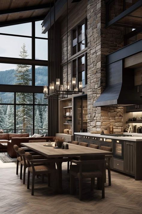 Mountain Home Dining Room, Contemporary Mountain Home Interiors, Modern Kitchen Open Concept, Mountain Homes Interiors, Modern Mountain Interior, Mountain Modern Kitchen, Mediterranean Kitchen Design, Amazing Kitchens, Modern Ranch House