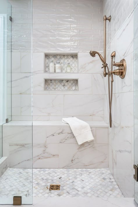 Greer Bath Remodel — Interior Designer Greenville SC | Allison Smith Interiors Master Shower Tile, White Marble Bathrooms, Full Bathroom Remodel, Bathroom Shower Walls, Bathroom Gallery, Tub Ideas, Bathroom Redesign, Soaker Tub, Master Bath Remodel