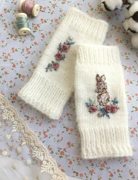 Hand Knit Mittens, Knitted Mittens, Crochet Fingerless Gloves, Angora Rabbit, Embroidery Cotton, Handmade Textiles, Sewing Embroidery Designs, Handmade Embroidery, Knit Mittens