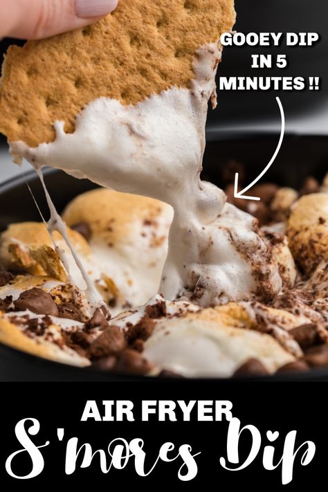 This delicious and gooey Air Fryer S'mores Dip is made with just 2 ingredients in less than 10 minutes from start to finish. Substitute fruits such as strawberries, grapes, apple slices, and bananas for the graham crackers. It's an easy Air Fryer dessert that can be made quickly and feed a crowd. Air Fryer Smores Recipes, Air Fryer Smores Dip, Airfryer Smores Dip, Airfryer Smores, Smores Air Fryer, Air Fry S'mores, S’mores Air Fryer Dip, S'mores In Air Fryer, S’mores Dip Air Fryer Recipe