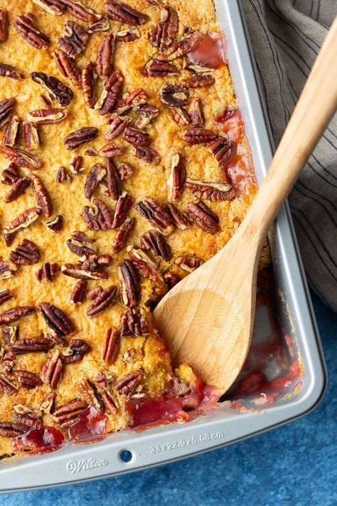 Cherry Pineapple Dump Cake (Easy & Delicious) - My Forking Life Pineapple Cherry Dump Cake, Cherry Pineapple Dump Cake Recipes, Shredded Brussels Sprouts Recipe, Dump Cake Easy, Pineapple Dump Cake Recipe, Cherry Pineapple Dump Cake, Pineapple Dump Cake, Delight Dessert, Cherry Dump Cake