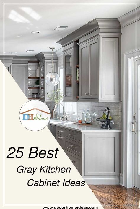 Gray Kitchen Cabinets Countertop Ideas, Grey Kitchen Cabinet Backsplash Ideas, Kitchens Grey Cabinets, Modern Gray Kitchen Cabinets, Grey Cabinet Backsplash Ideas, Grey Painted Cabinets Kitchen, Kitchen Cabinets Painted 2 Different Colors, Small Kitchen With Gray Cabinets, Antique Gray Kitchen Cabinets