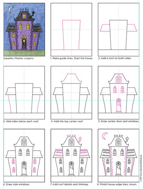 There are many, many ways to draw a haunted house, but may favorite are the quirky kind with some unusual architectural features. Draw A Haunted House, Easy Haunted House, Haunted House Drawing, Trin For Trin Tegning, Ako Kresliť, House Doodle, Classe D'art, Halloween Art Projects, Halloween Kunst