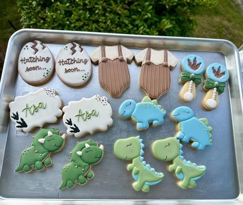 Dinosaur Baby Shower Cookies, Dinosaur Baby Shower Theme, Dinosaur Birthday Theme, Dinosaur Cookies, Sugar Cookie Royal Icing, Baby Shower Deco, Baby Dino, Dinosaur Baby Shower, Baby Cookies