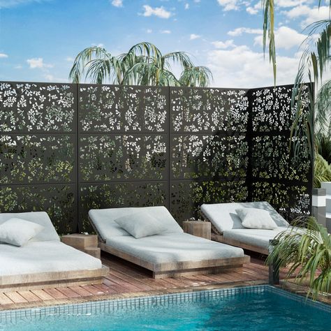 Free Standing Quadra Black Decorative Outdoor Privacy Screen, 47" L x 76" H - On Sale - Bed Bath & Beyond - 35925431 Steel Privacy Screen, Fence Outdoor, Balcony Wall, Metal Privacy Screen, Outdoor Privacy Screen, Screen Divider, Indoor Oasis, Privacy Screen Outdoor, Outdoor Privacy