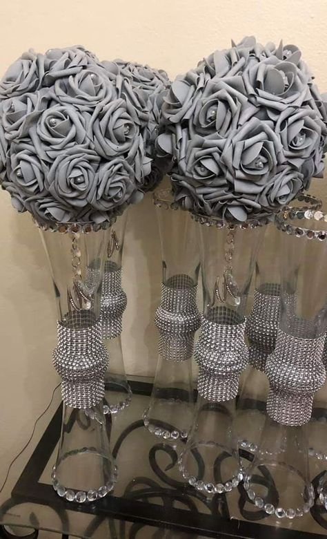 Pin by Barbara jones on Dollar Tree | Wedding centerpieces diy, Diy wedding decorations, Wedd… | Wedding centerpieces diy, Diy dollar store crafts, Diy centerpieces Purple And Silver Table Centerpieces, Centerpieces For Party Elegant Flowers, Bling Centerpiece, Creative Centerpieces, Centerpieces Diy, Budget Crafts, Denim And Diamonds, Birthday Centerpieces, 25th Wedding Anniversary