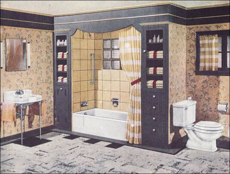 1946 Crane Bathroom-cool........... 1940s Bathroom, 1920s Bathroom, 1940s Interior, Mid Century Bathroom, Retro Bathrooms, Traditional Style Homes, Small Toilet, Vintage Bathrooms, Retro Interior