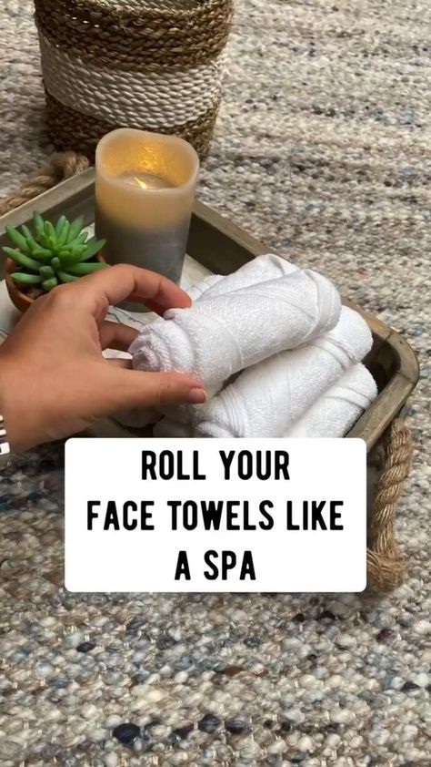 Roll Your Towels Like A Spa! | Hand towels bathroom, Bathroom towels display, Folding bathroom towels Folding Bathroom Towels, How To Roll Bath Towels, Bathroom Towels Display, Spa Vibes, Towel Display, Folding Towels, Bathroom Counter Decor, Bathroom Towel Decor, How To Roll Towels