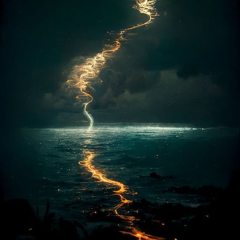 The ocean and sky connect through a lightning Lightning Ocean, Connection Art, Earth Art, Cover Art, The Ocean, The Sky, Art Inspo, Celestial Bodies, Animals