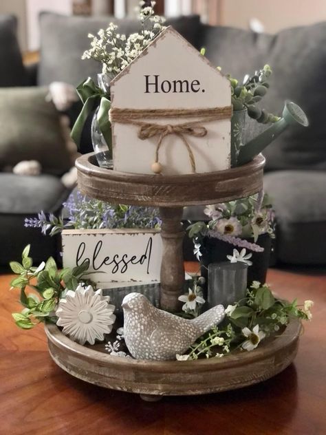 2 Tier Centerpiece Ideas, Flat Tray Decorating Ideas, Tier Tray Decor Ideas, Tray Decoration Ideas, Tired Trays, Spring Fireplace Decor, Kitchen Tray Decor, Tray Decor Ideas, Tier Trays