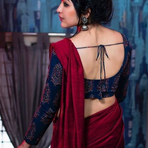 Cotton Saree With Full Sleeve Blouse, Blouse Sleeves Design, Saree Outfit, Dark Blue Blouse, Fashionable Saree, Lace Blouse Design, Blouse Images, Cotton Saree Blouse Designs, Kerala Bride