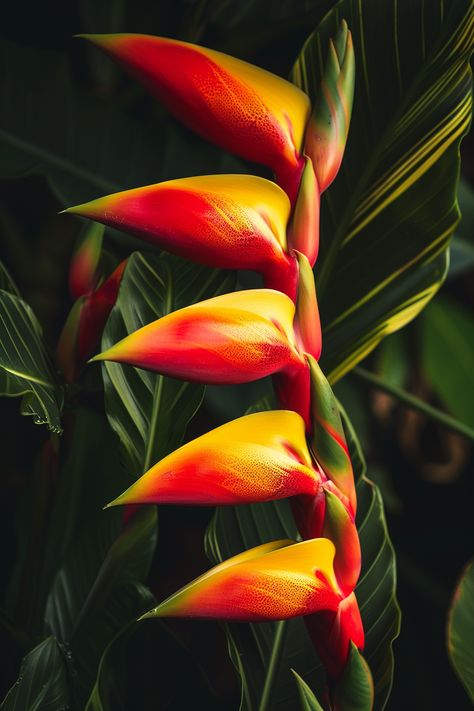 The Heliconia is a striking tropical flower with vibrant red and yellow bracts, resembling a parrot's beak. It's known for adding a bold splash of color and exotic flair to gardens.  Light: Full sun to partial shade. Water: Keep the soil consistently moist. Soil: Rich, well-draining soil. Temperature: 70-85°F (21-29°C). Humidity: High, thrives in humid conditions. Fertilizer: Balanced liquid fertilizer, every 2 weeks during the growing season. This beautiful flower attracts hummingbirds and makes an excellent cut flower for arrangements.  #TropicalFlowers #Garden #Heliconia #FlowerPower Heliconia Flower, Pacific Islands, Liquid Fertilizer, How To Attract Hummingbirds, Tropical Flower, Amazing Art Painting, Flower Fairy, The Soil, Red And Yellow