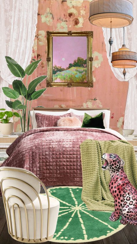 Pink And Green Maximalist Bedroom, Maximalist Bedroom, Sweet Room, Bedroom Green, Bedroom Inspo, Pink And Green, Bedroom, Green, Pink