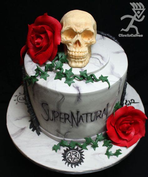 Made for a 16th Birthday for a girl who loved the Supernatural TV Program, the skull is solid White Chocolate,the roses are gumpaste as is the vines. The Cake is Red Velvet with Vanilla White Chocolate Ganache & Finished in a Marble gravestone... Supernatural Birthday Cake, Red Velvet Ideas, Supernatural Cake, Birthday Cake Red Velvet, Supernatural Birthday, Birthday Cake Red, Gothic Cake, Cake Red Velvet, Skull Cake