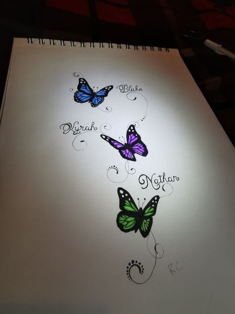 3 Butterfly Tattoo With Names, Tattoos Dedicated To Nieces, Auntie Tattoos Ideas Niece And Nephew, Butterfly Tattoo Name, Butterfly Family Tattoo, Tattoo Ideas For Family Members, Three Butterfly Tattoo, Three Butterflies Tattoo, Tatto Name