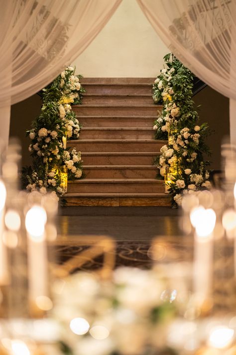 Winter ballroom wedding warmed up with flowers, greenery, and candles on the staircase. PC: Ann Coen https://www.anncoen.com/photography Room Flowers, Ball Room, The Staircase, Ballroom Wedding, Bridal Flowers, Ballroom, Wedding Flowers, Wedding Decorations, Stairs