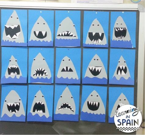 End of the year sharks - Learning in Spain Shark Craft, Summer Art Projects, Ocean Unit, Shark Art, Ocean Crafts, Kindergarten Art, Classroom Crafts, Camping Art, Camping Ideas