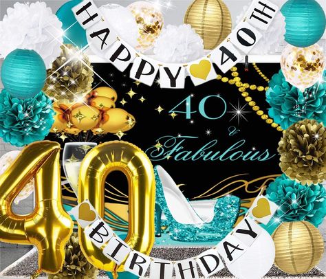 PRICES MAY VARY. Teal Gold 40 Birthday Decoration Happy 40th Birthday Party decorations Pack list: 1 pack of teal gold 40th happy birthday photography backdrop; 20pcs ballons:10*teal+10*gold confetti;6 pcs 8inch paper lanterns,2*gold+2*teal+2*white;9pcs tissue pom poms:3*white+3*teal+3*gold,each includes:1*8inch+1*10inch+1*12inch;1 pack of 40 letter gold foil ballons of 32 inch;1 pack of HAPPY 40th Birthday banner; Hang a variety of small, medium and large paper lanterns randomly across the whol 40th Birthday Banner, Birthday Decorations For Women, Pack List, 40th Birthday Party Decorations, 40 Birthday, 40th Birthday Party, 40th Birthday Decorations, Happy 40th, Happy 40th Birthday