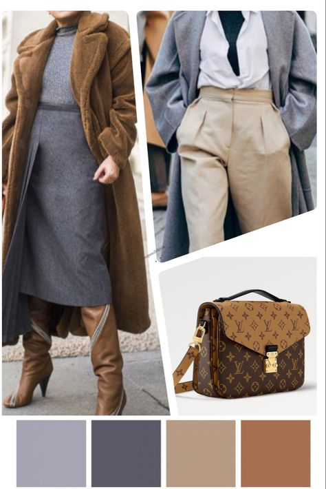 Color combination: Metis Reverse with camel and grey. Grey Matching Colors Outfit, Gray Combination Color Clothes, Gray Color Combinations Outfit, Gray And Camel Outfit, Grey And Camel Outfit, Camel And Grey Outfit, Brown And Grey Outfit, Camel Color Palette, Pochette Metis Reverse