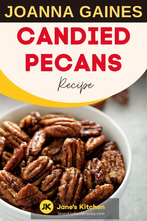 Candied pecans on a table Fried Pecans Recipe, Glazed Pecans Recipe Brown Sugar, Joanna Gaines Candy Recipes, Candied Pecans With Egg Whites, Recipe For Candied Pecans, Holiday Pecans Recipe, Candied Pecan Recipes, Crockpot Candied Pecans, Sugared Pecans Recipe