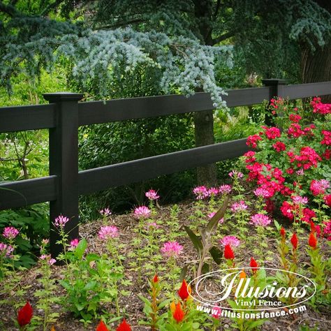 Black PVC vinyl 2-Rail Post & Rail Fence by Illusions Vinyl Fence Painted Wood Fence, Post And Rail Fence, Horse Fence, Vinyl Fence Panels, Landscaping Decor, Add Aesthetic, Vinyl Privacy Fence, Vinyl Fencing, Split Rail Fence