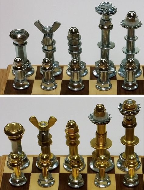 Hardware Chess Set, Diy Chess Set Handmade, Cool Chess Sets, Diy Chess Set, Car Part Art, Metal Chess Set, Welding Crafts, Welding Art Projects, Metal Art Welded