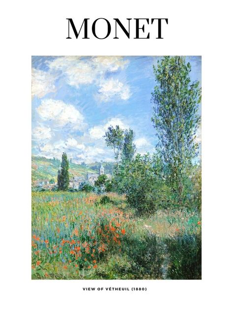 Claude Monet View Of Vetheuil, Claude Monet Printables, Monet Paintings Poster, Spring Art Prints, Monet Bedroom Aesthetic, Claude Monet Prints, Cloud Monet, Art Posters Bedroom, Cute Wall Prints