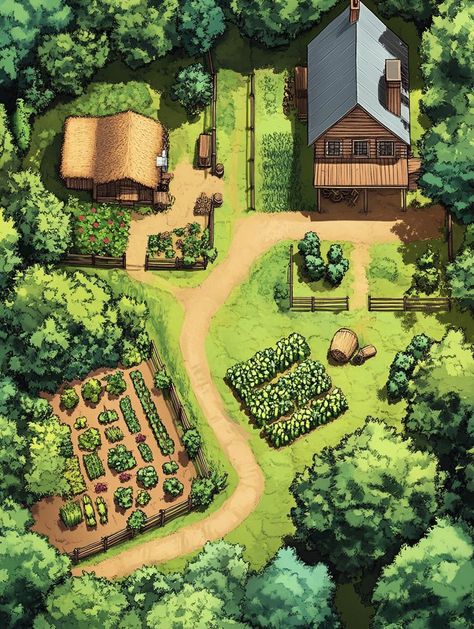 An aerial view of a rustic farm with a wooden house, a thatched hut, lush vegetable gardens, and trees. The scene conveys tranquility and simplicity. Farm Plot Layout, Micro Homestead Layout, Small Farm Layout Ideas, 3 Acre Homestead Layout, Small Orchard Layout, 10 Acre Farm Layout, 2 Acre Homestead Layout, 5 Acre Farm Layout, 10 Acre Homestead Layout